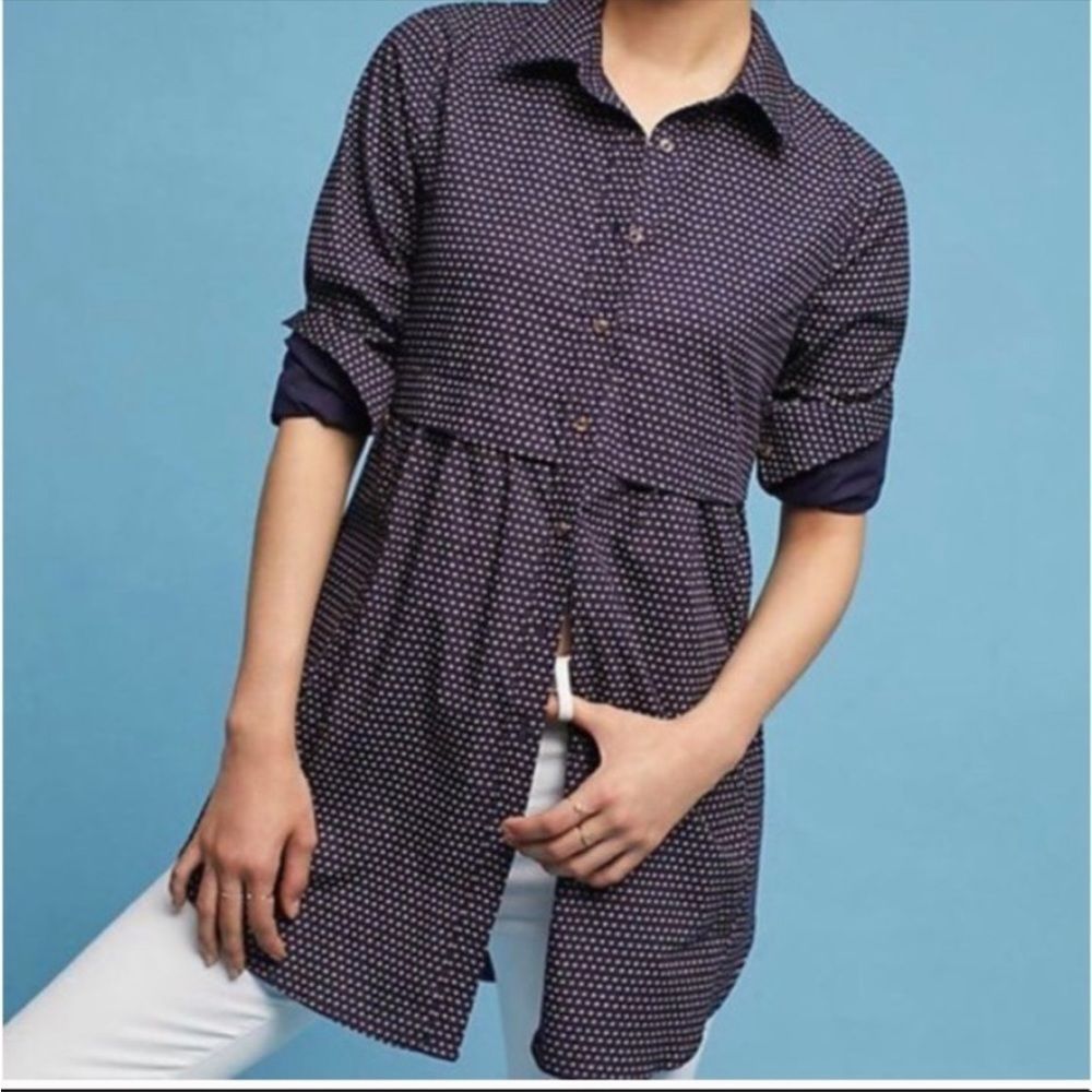MAEVE Women's Navy Polka Dot Button-Front Tunic Shirt